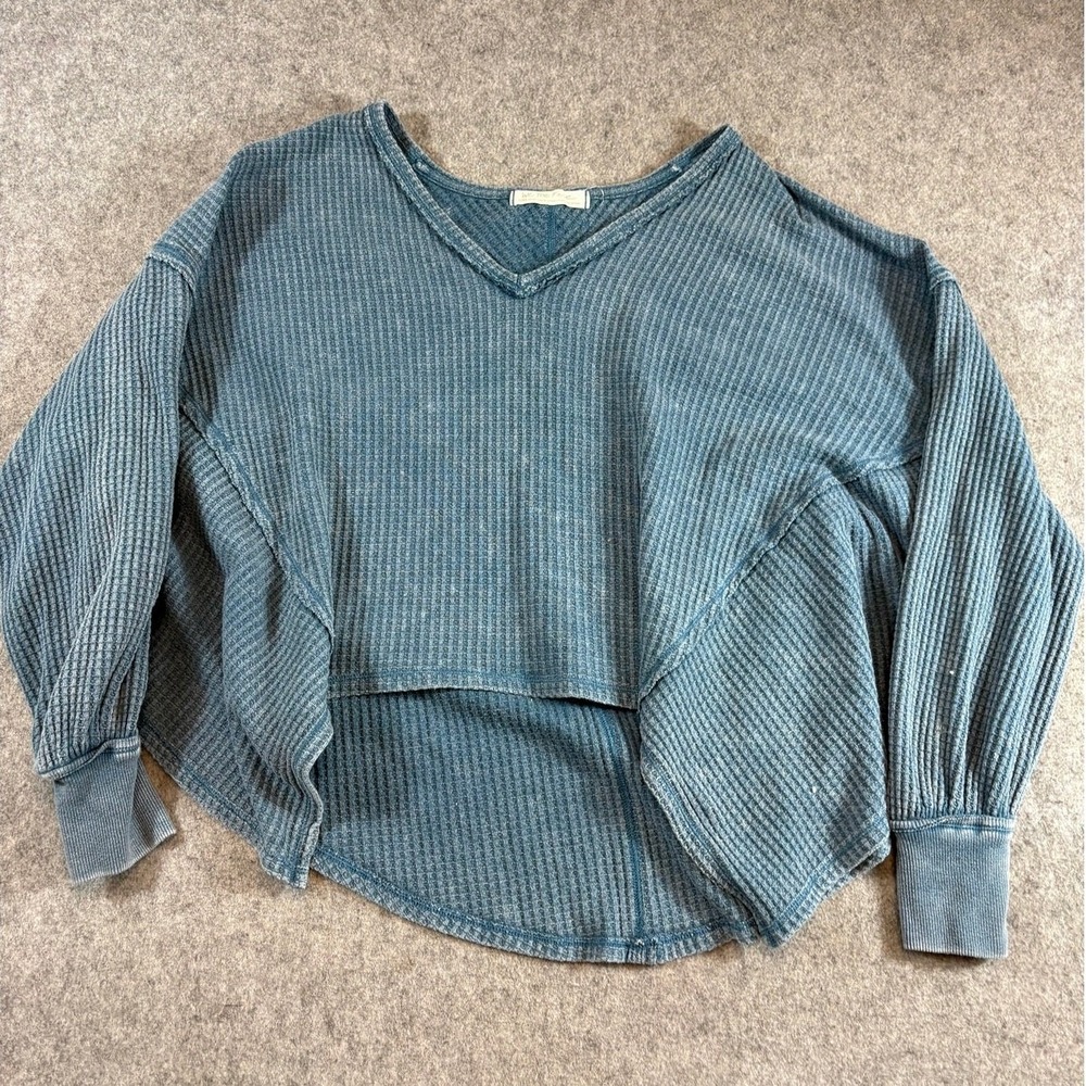We The Free Caroline Thermal Top Womens XS Blue Waffle Knit Relaxed Fit V-Neck